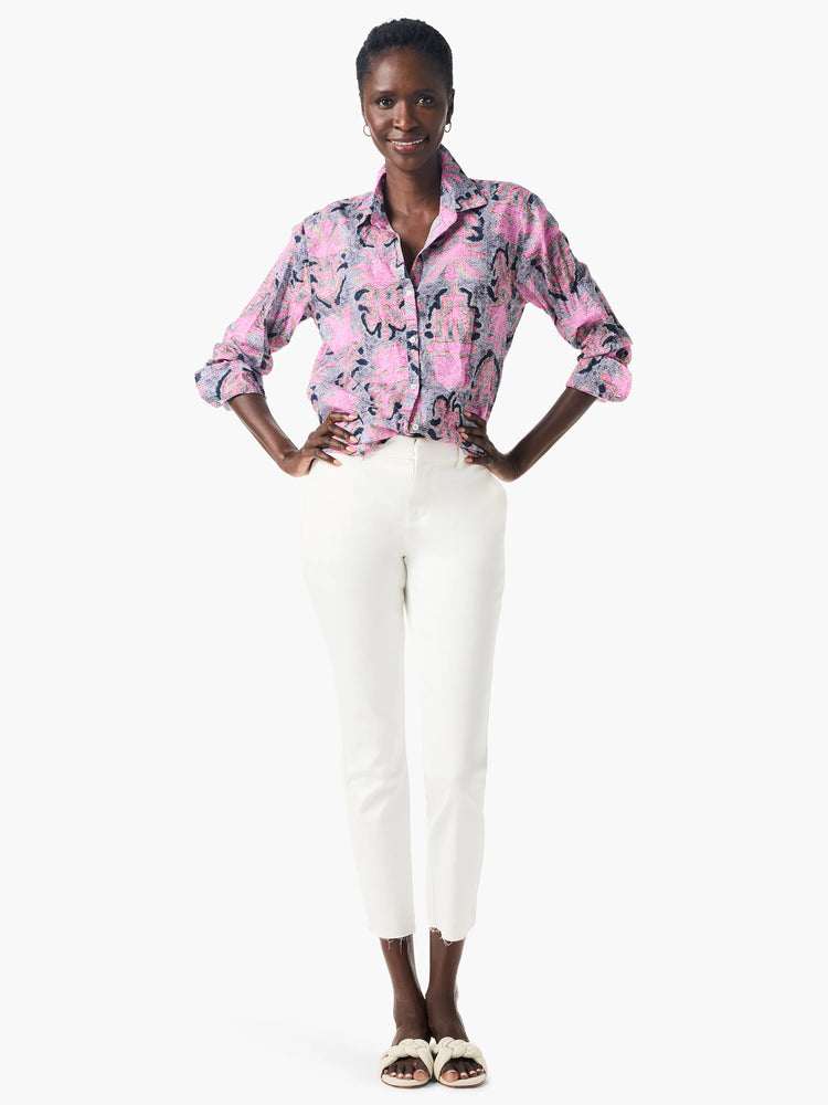 Long-sleeve collared shirt; pink, gray, and dark blue floral print on a gray background.
