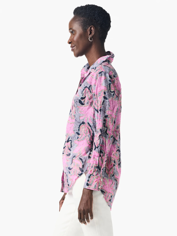 Pink and gray patterned long-sleeve collared shirt.  Abstract floral print with darker accents.