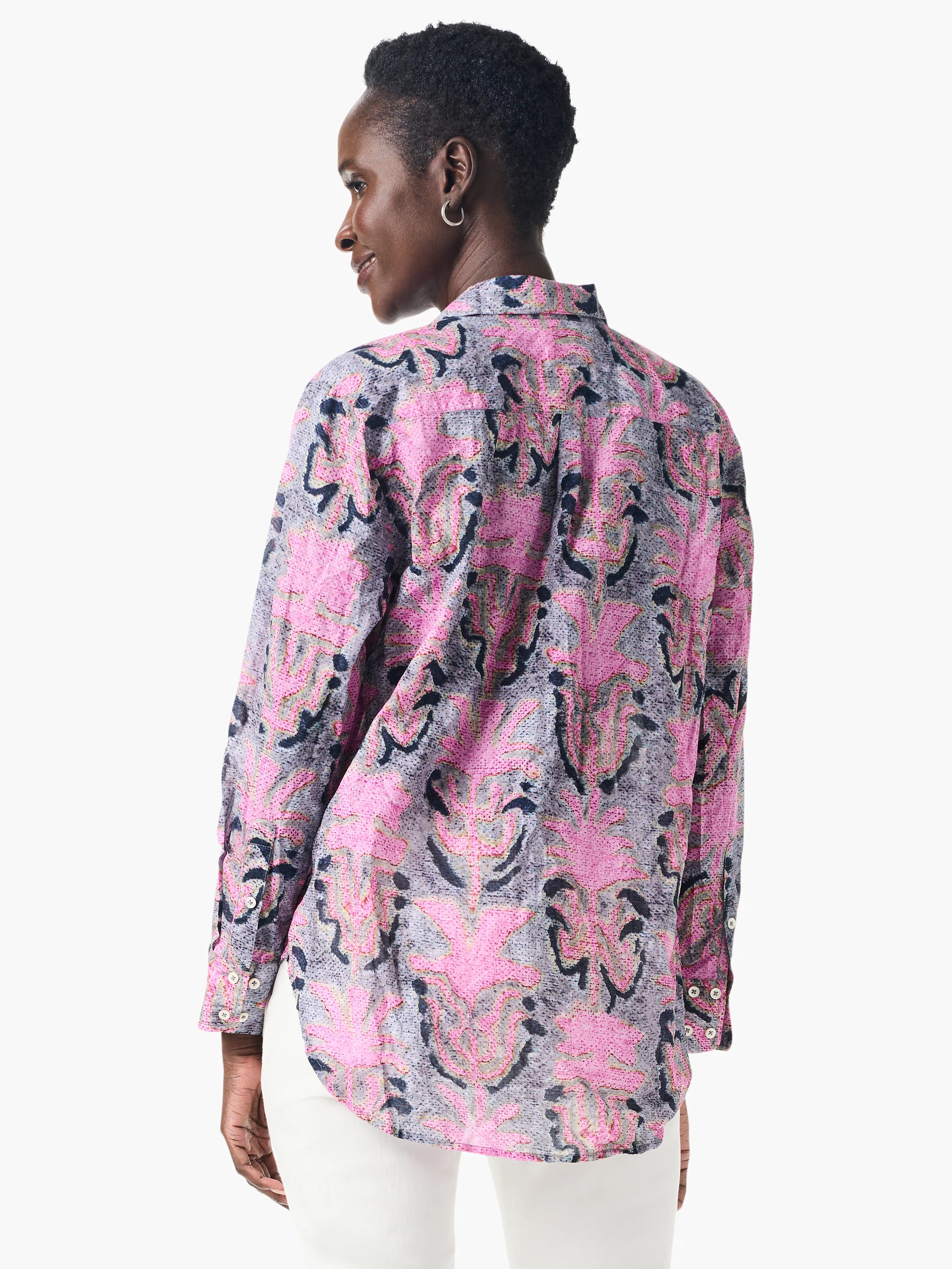 Gray, pink, and dark-blue floral print long-sleeve boyfriend shirt; collared, button-front.