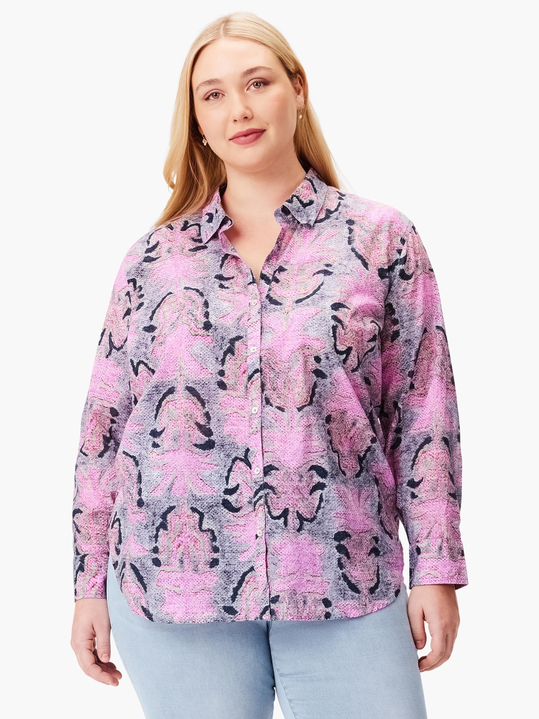 Pink, gray, and black abstract print boyfriend shirt; long sleeves, button-front closure.