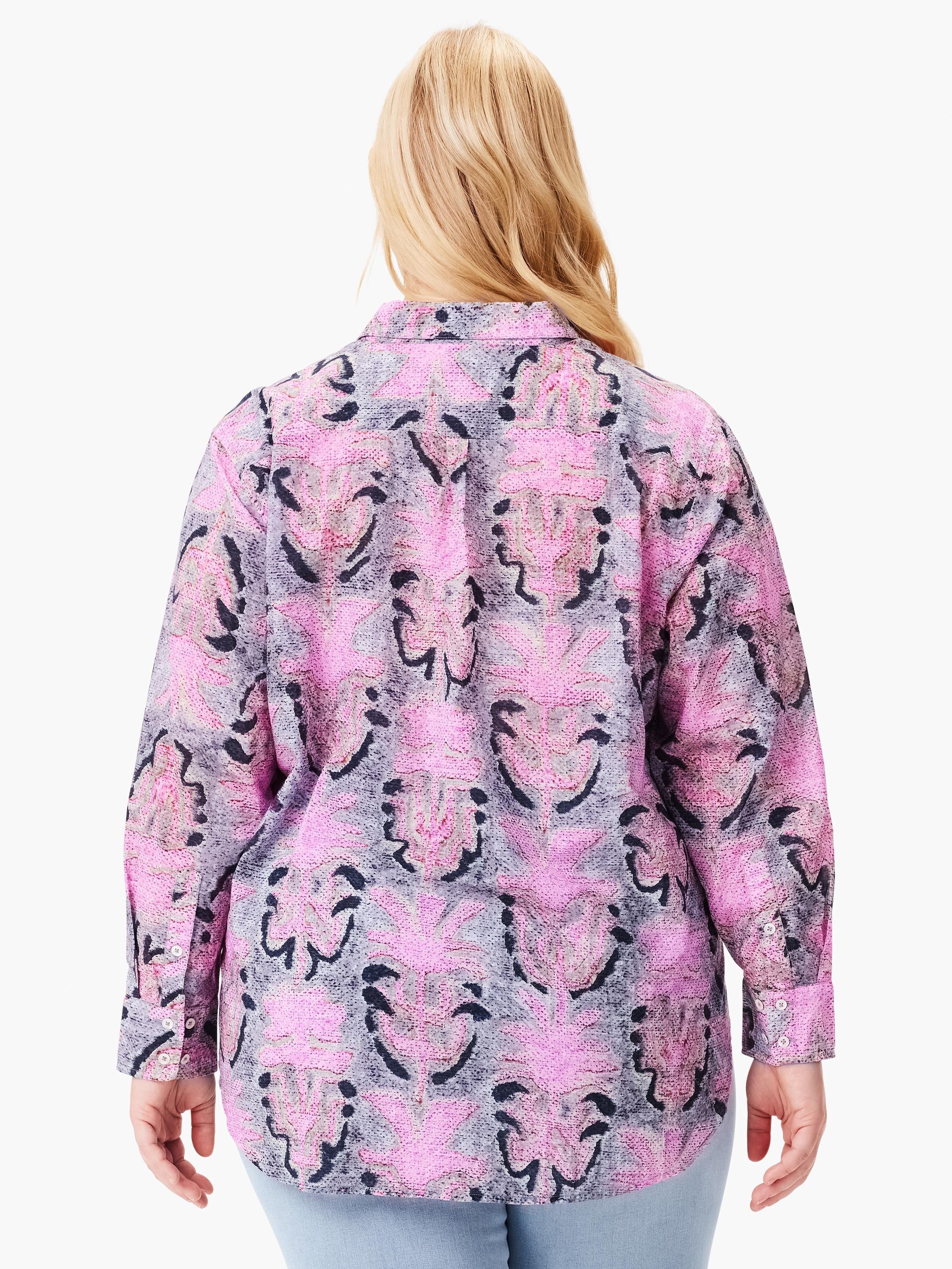 Pink, gray, and black floral print long-sleeve collared boyfriend shirt.  Shown from the back.