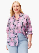 Pink, gray, and black patterned boyfriend shirt.  Long sleeves, button-front closure.
