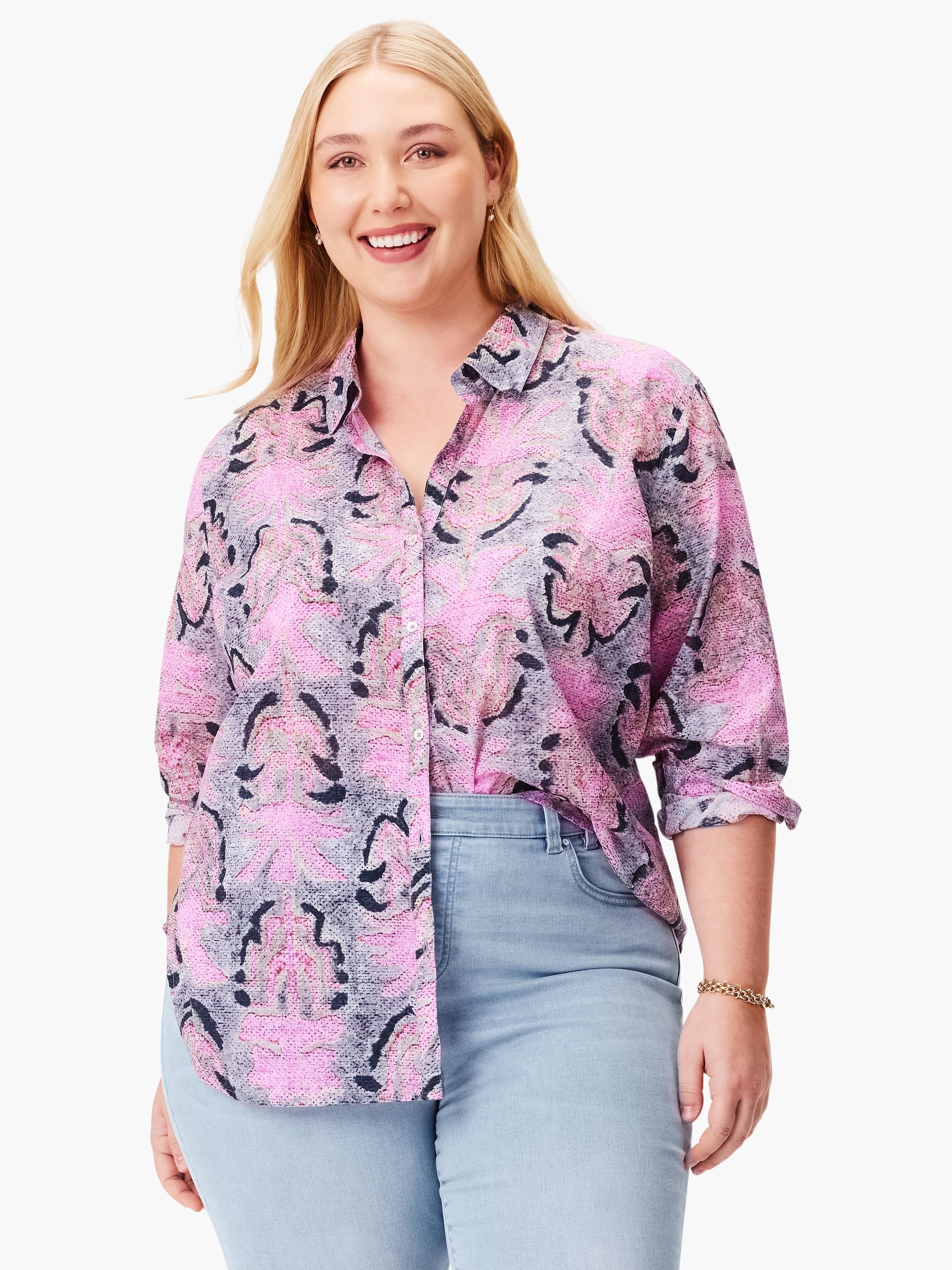 Pink, gray, and black patterned boyfriend shirt.  Long sleeves, button-front closure.