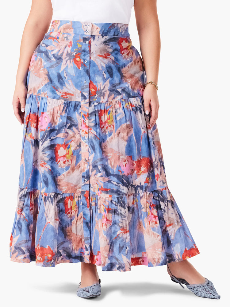 Tiered maxi skirt in blue, with red, pink & orange abstract floral print.  Button front.