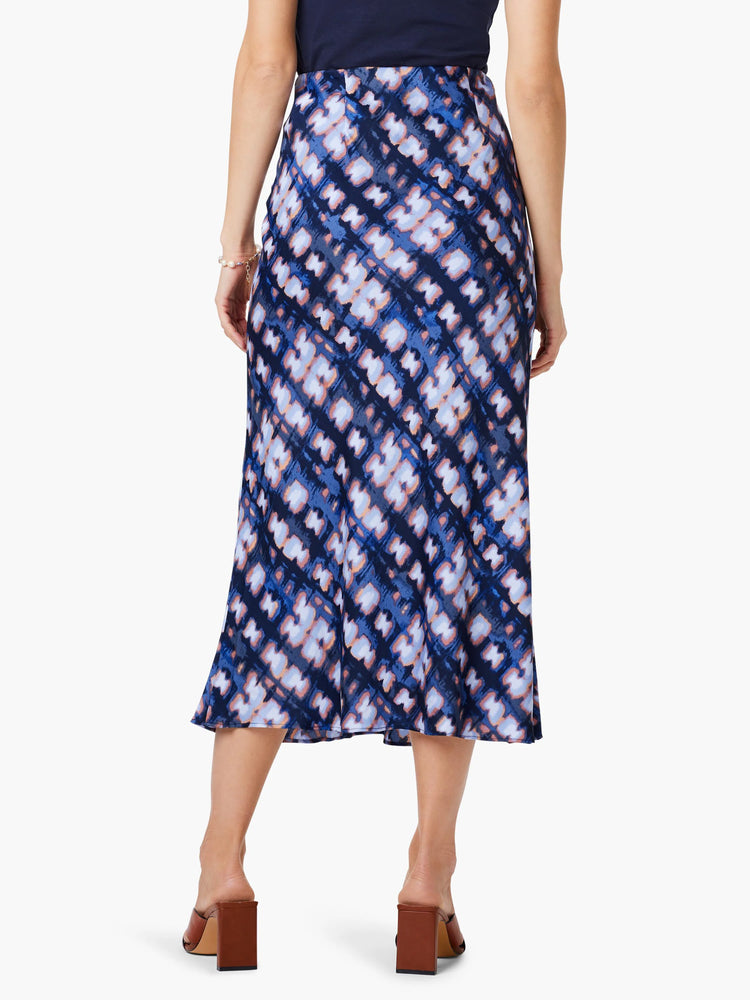 Midi slip skirt, blue, lavender, and brown shibori-style print.  A-line silhouette.