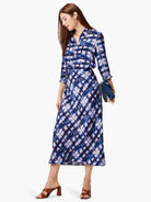 Midi slip skirt in blue, lavender, and rust diagonal print.