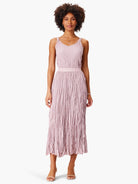 Pale mauve crinkle crush dress, sleeveless with a flat waistband and vertical pleated midi skirt.