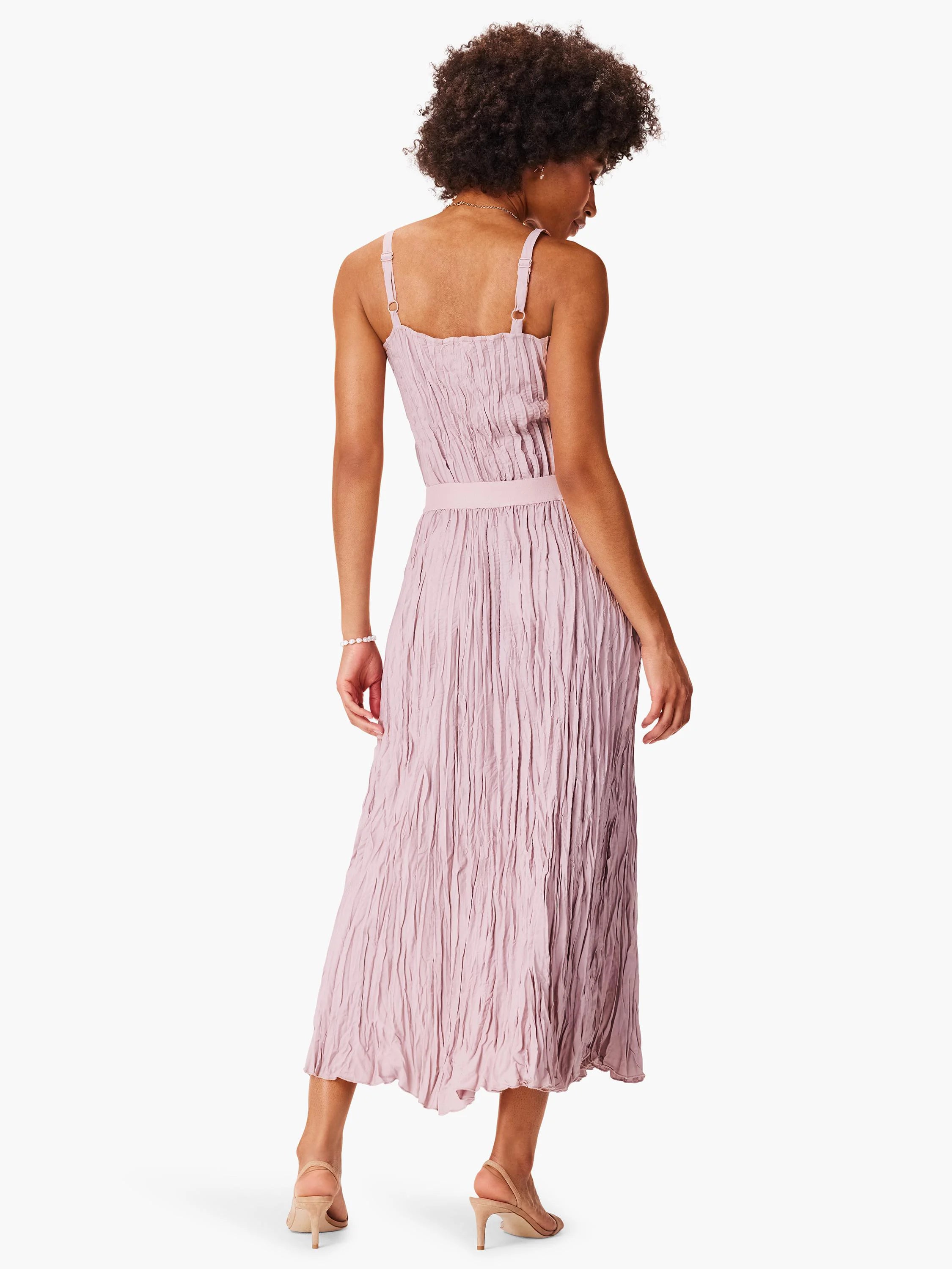 Mauve sleeveless midi dress, featuring an all-over vertical crinkle texture.