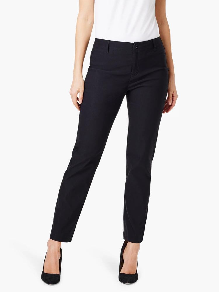 Black straight-leg pants;  model is wearing black heels.