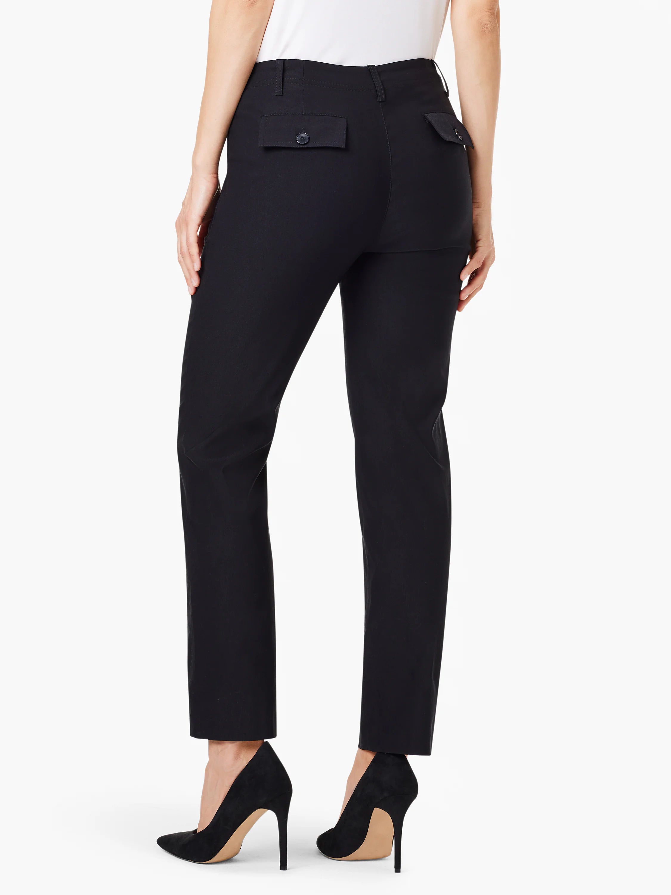 Black straight-leg pants; back view shows two small pockets.