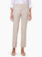 Beige straight-leg pants; front view.  Model wears light beige shoes.