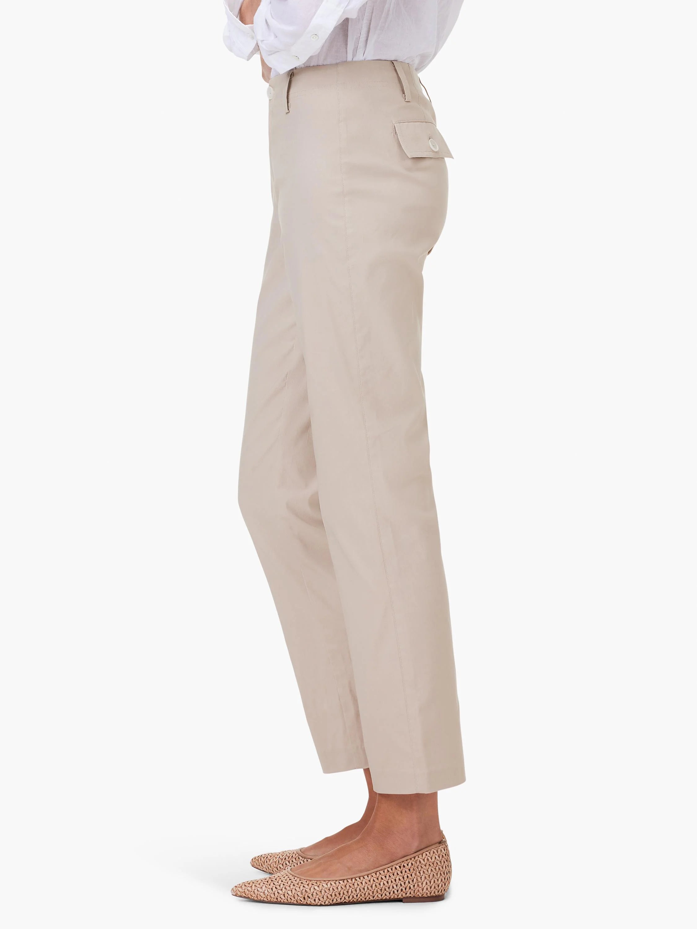 Light beige straight-leg pants; side view shows a small pocket.