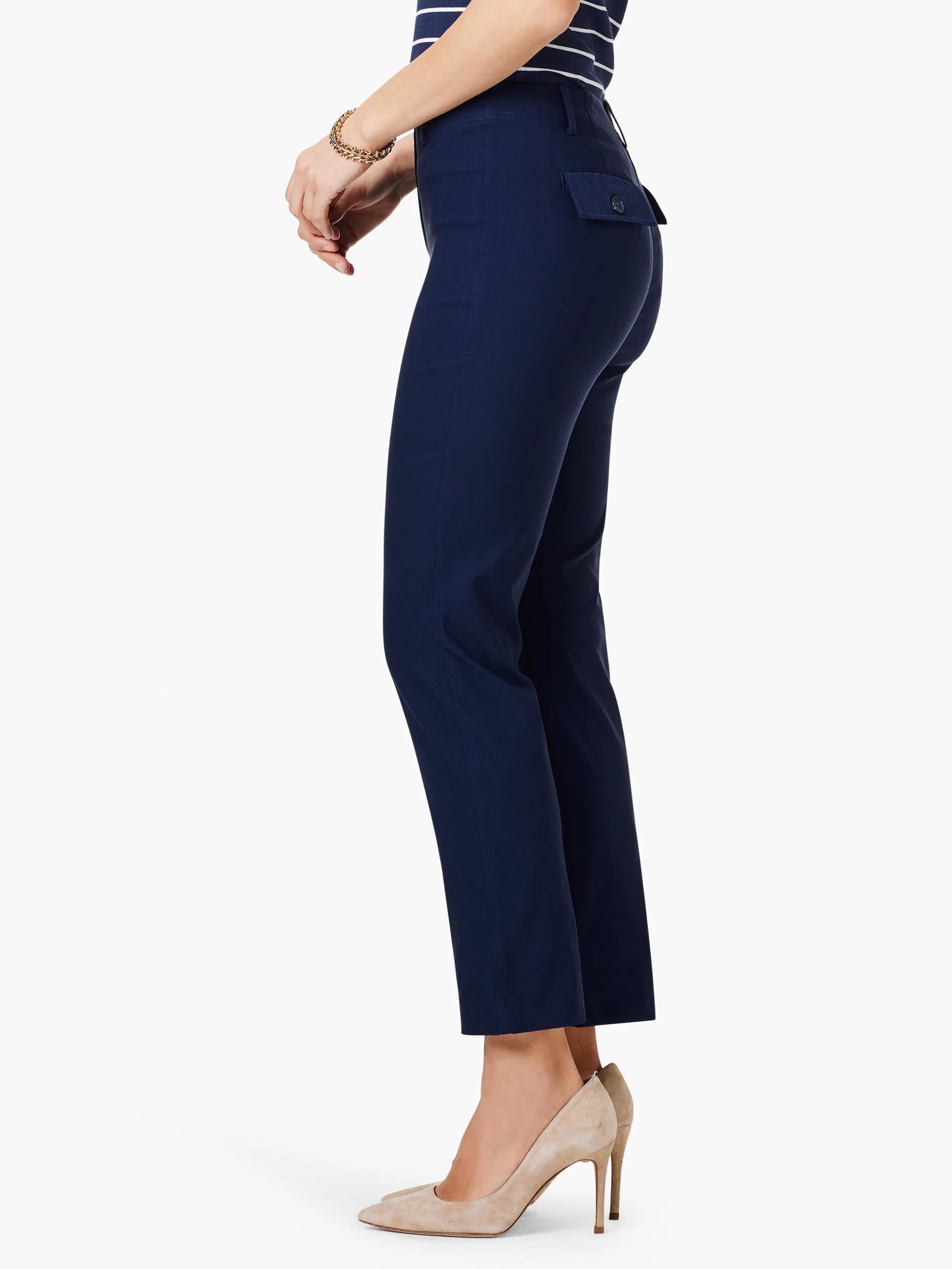 Dark navy blue straight-leg pants;  side view shows a back pocket with button.