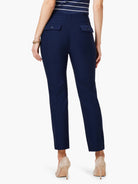 Here's alt text under 125 characters:

Dark navy blue straight-leg pants, cropped.  Back view shows two buttoned pockets.