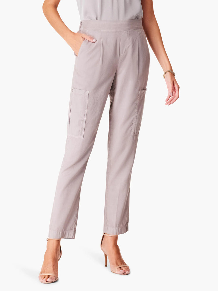 Light taupe cargo pants; relaxed fit, ankle length,  pleats at waist, side pockets.