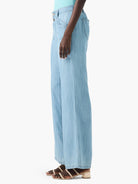 Light blue, wide-leg jeans shown on a model.  Features a button fly and side pockets.