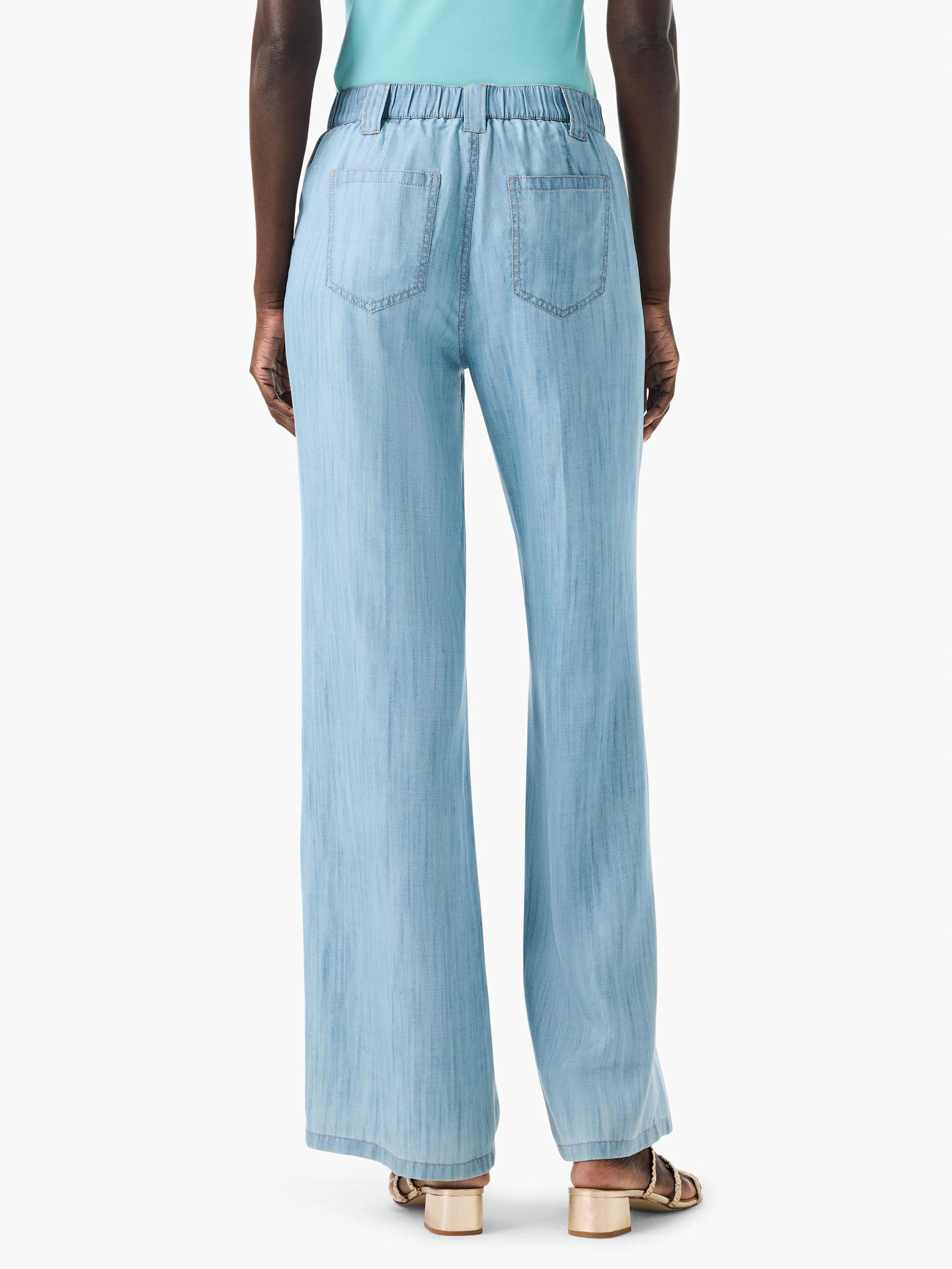 Light blue, wide-leg denim jeans; elastic waistband; back pockets.