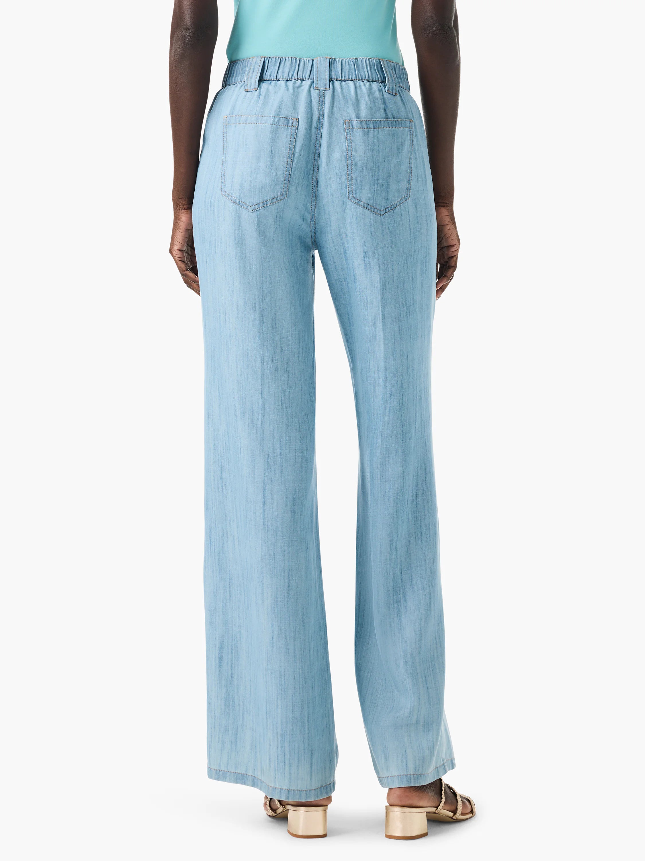 Light blue, wide-leg denim jeans with an elastic waistband and back pockets.  Shown from the rear.