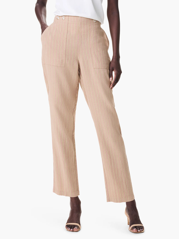 Beige straight-leg pants with thin, pale pink and white vertical stripes.  Features front pockets.
