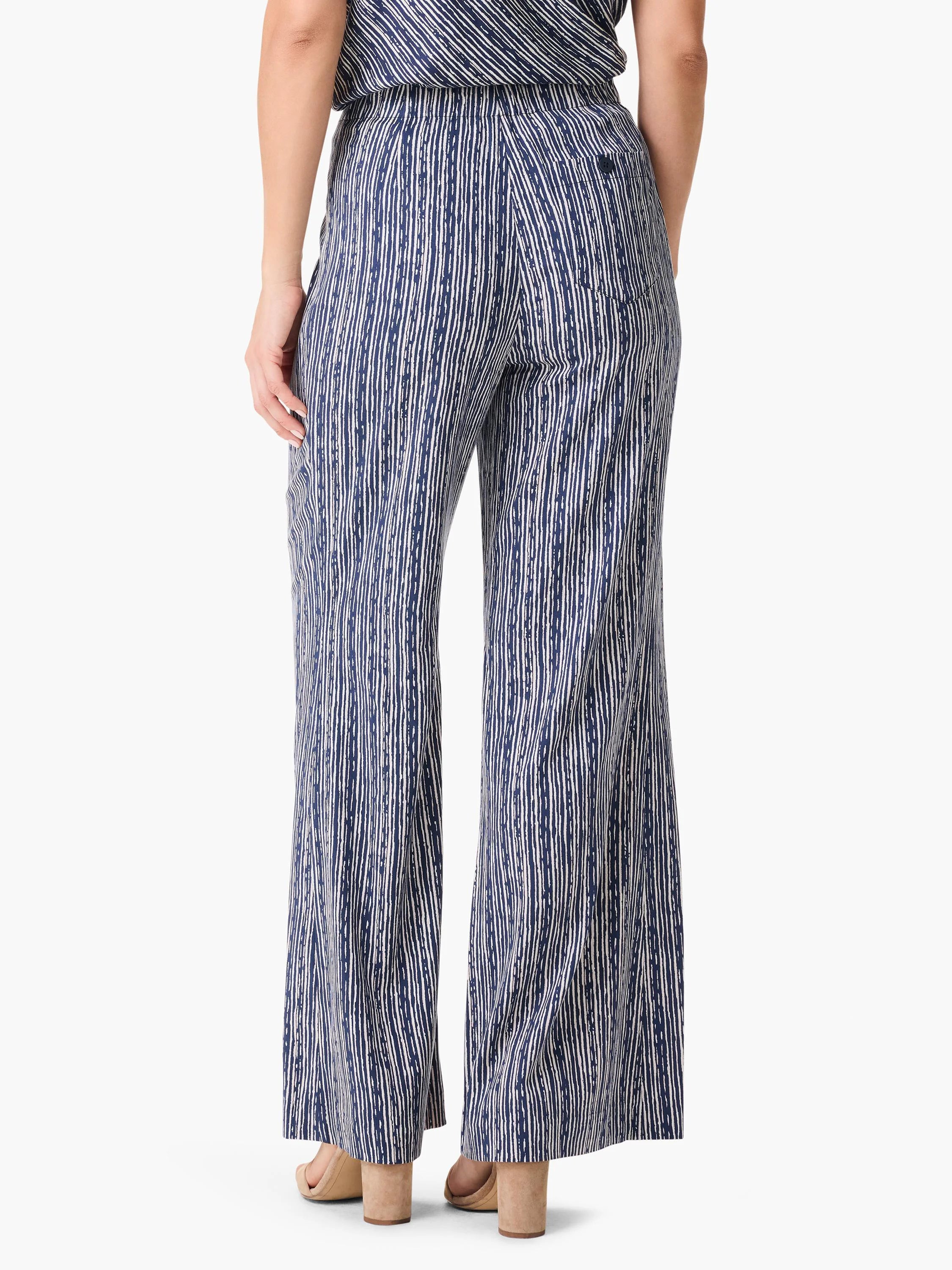 Wide-leg pants; navy blue and white vertical stripes; rear view.