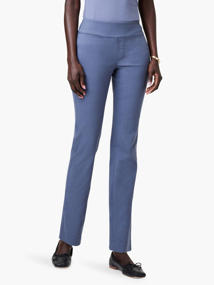 Model in dusty blue straight leg pants. Features a wide waistband and subtle stitch-defined front pockets.
