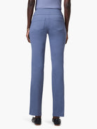Muted blue straight leg pants, back view, with a flat waist and two stitched rear patch pockets.