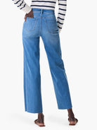 Medium blue high-waisted wide leg jeans with light fading, back pockets, and frayed hems.