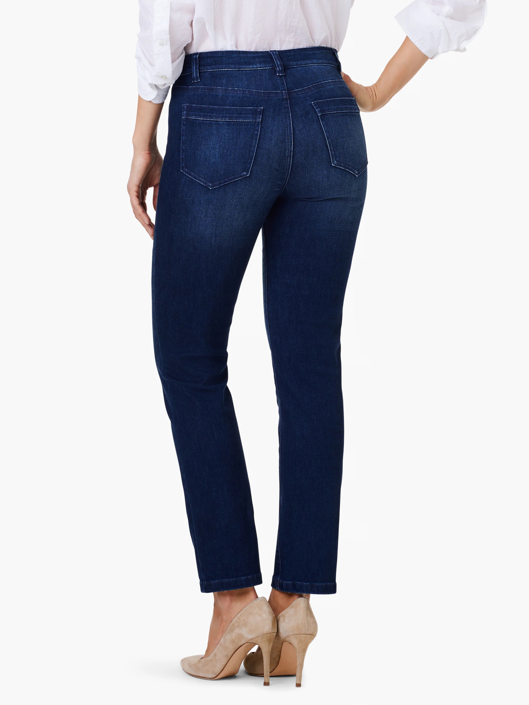 Dark blue mid-rise straight leg jeans with distinct back patch pockets and light contrast stitching.