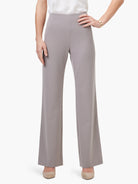 Gray wide-leg trousers, high-waisted with a smooth, flat front.