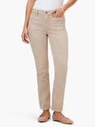 Khaki mid-rise straight jeans with front patch pockets and a button closure.