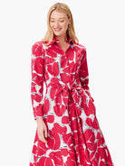 Red & white abstract floral print midi shirt dress with long sleeves and a self-tie belt.