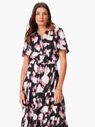 Midi dress, black and mauve tie-dye print, short sleeves, V-neck.  Tiered skirt.