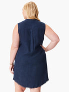 Dark blue sleeveless denim dress with a band collar, pleats on the back, and a frayed hem.