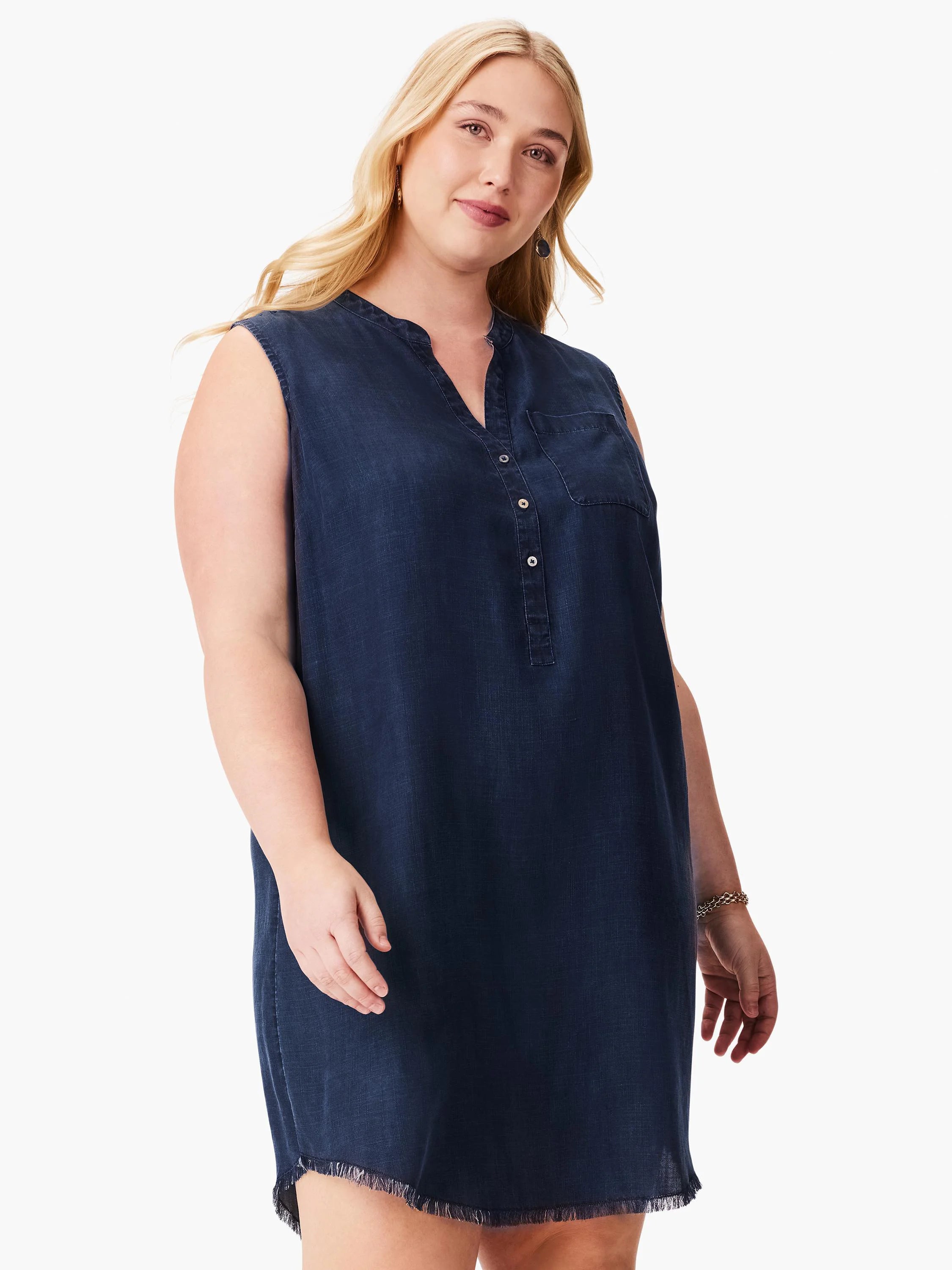 Dark blue denim sleeveless V-neck dress with a button-front placket, chest pocket, and frayed hem.