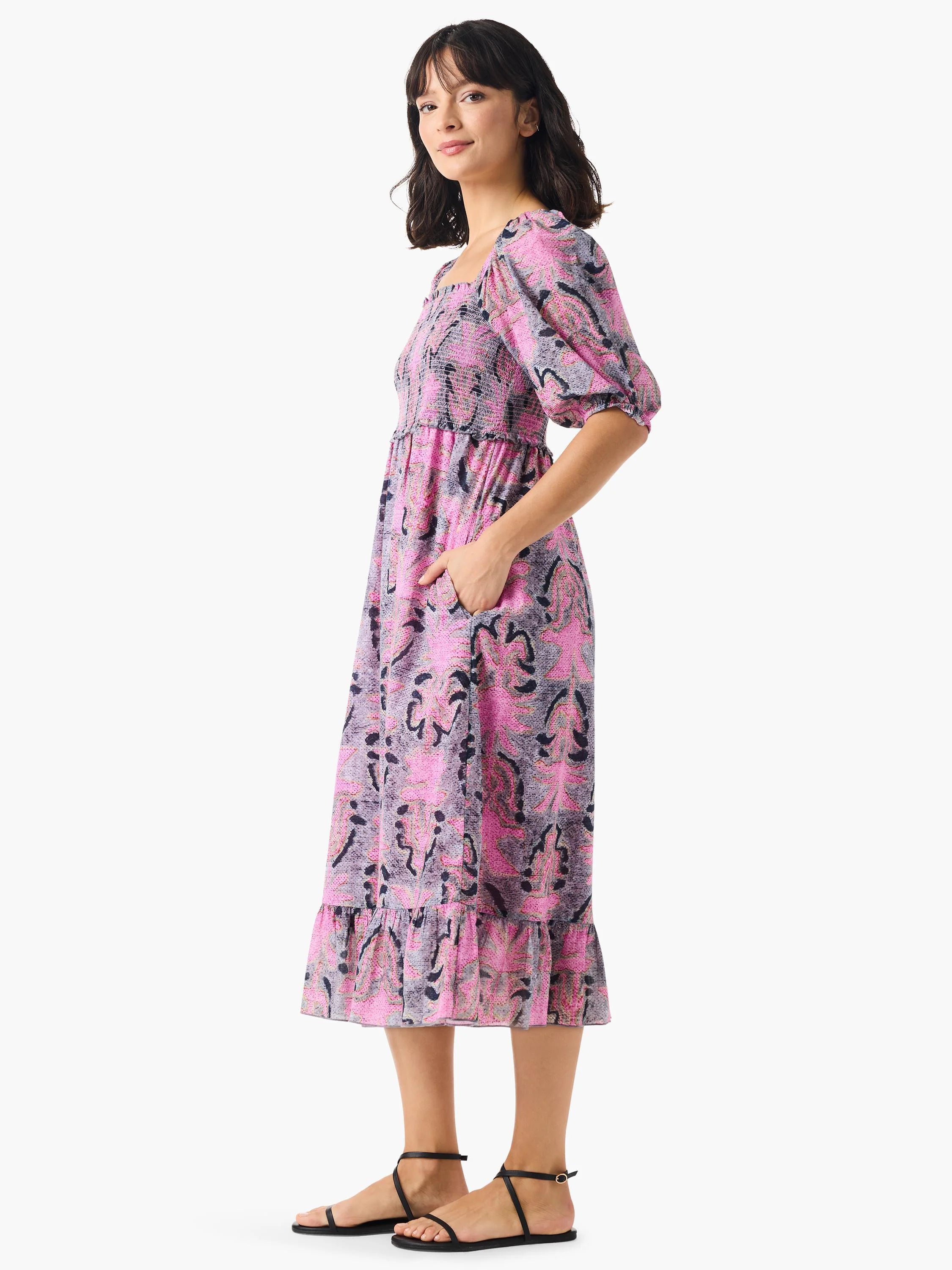 Midi dress, pink and gray floral print, square neck, 3/4 sleeves, smocked bodice, ruffle hem, pockets.