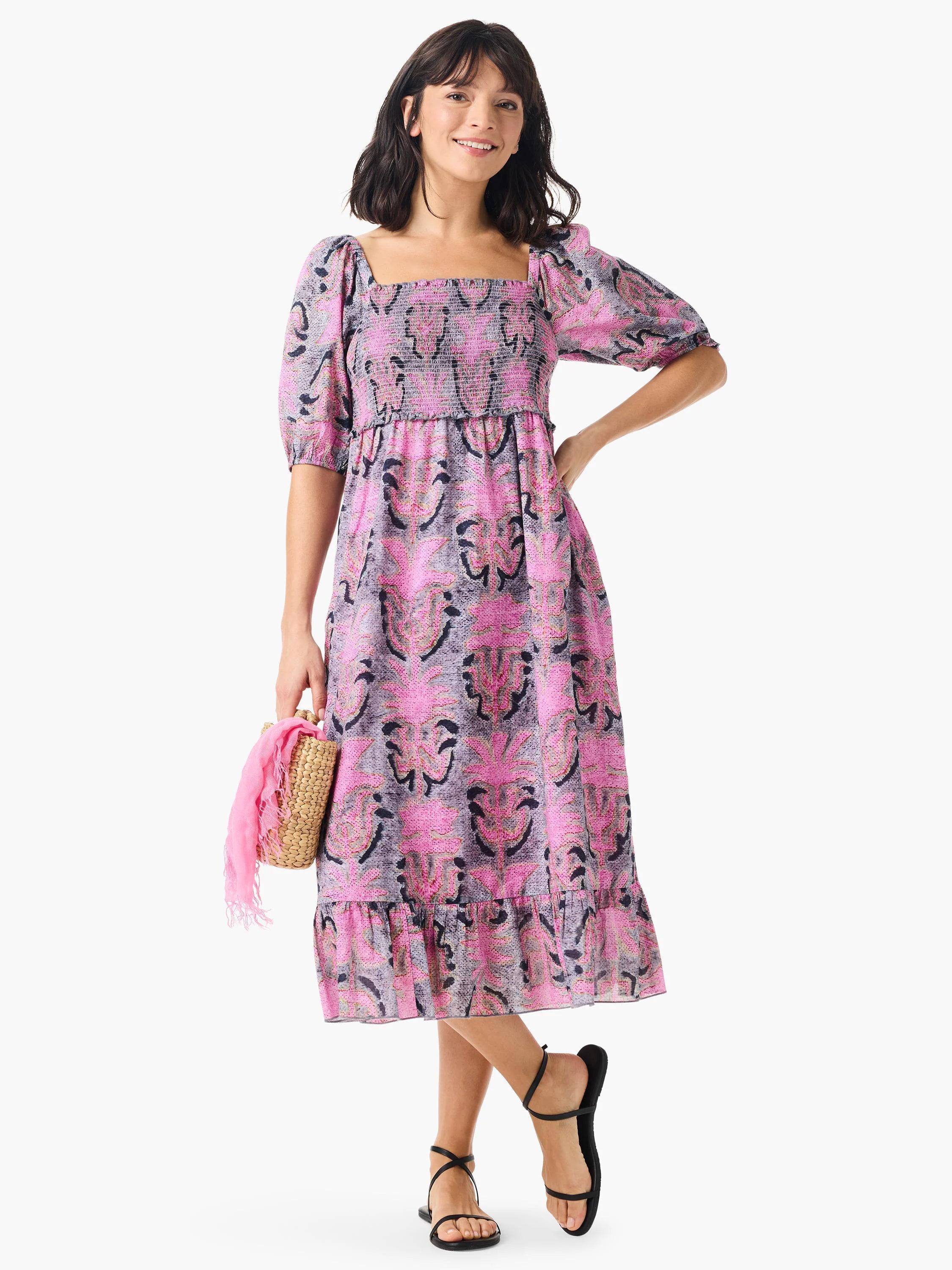 Pink and gray floral midi dress with short puff sleeves, square neckline, and smocked bodice.