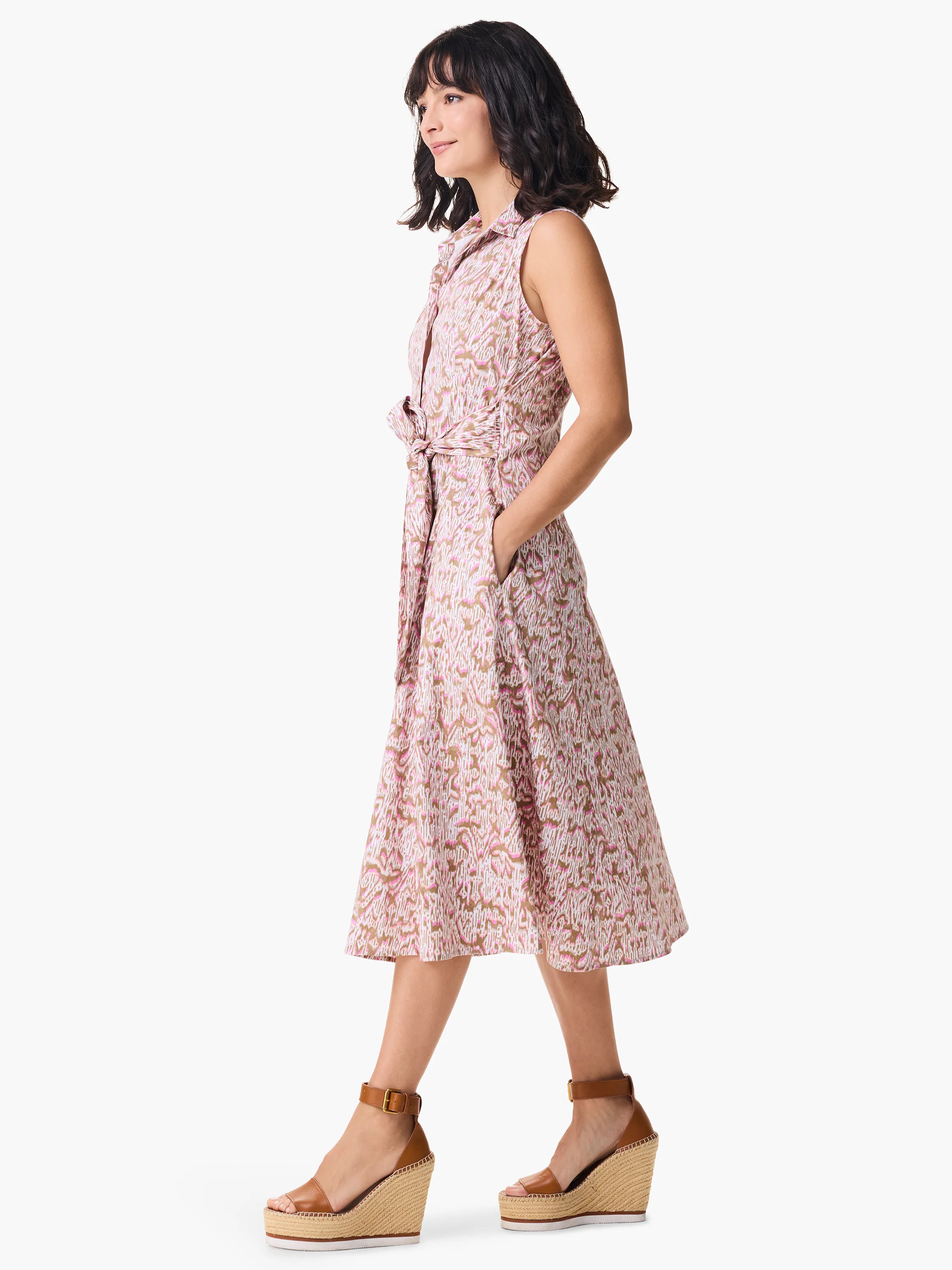 Sleeveless midi shirt dress; pink, brown, & white abstract animal print; belted waist; pockets.