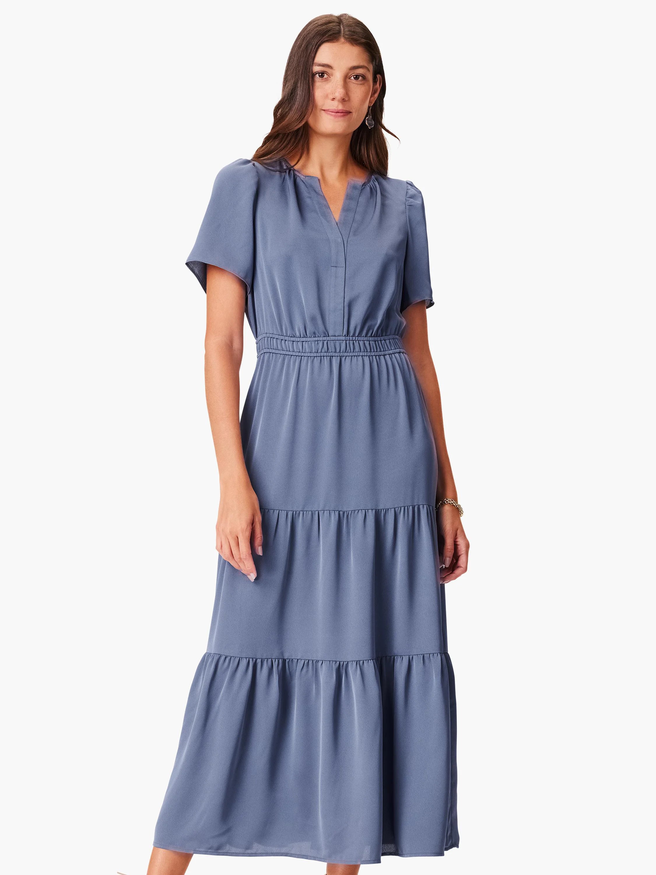 Dusty blue maxi dress with short sleeves, V-neck, elasticated waist, and tiered skirt.