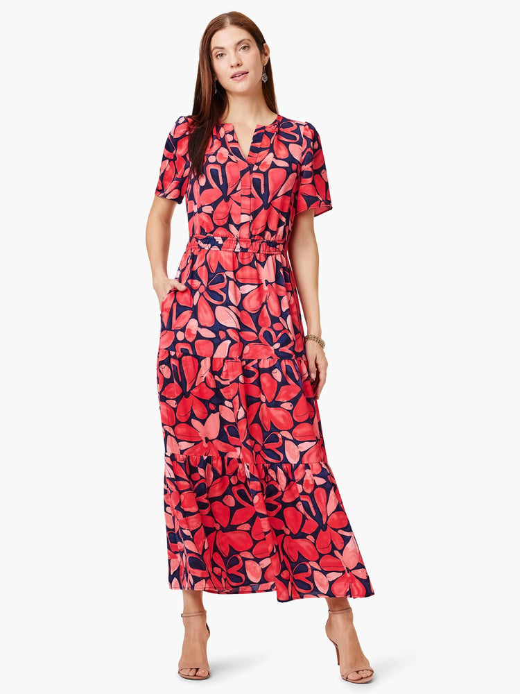 Maxi dress, red & pink floral print on navy blue background. Short sleeves, V-neck, tiered skirt, pockets.