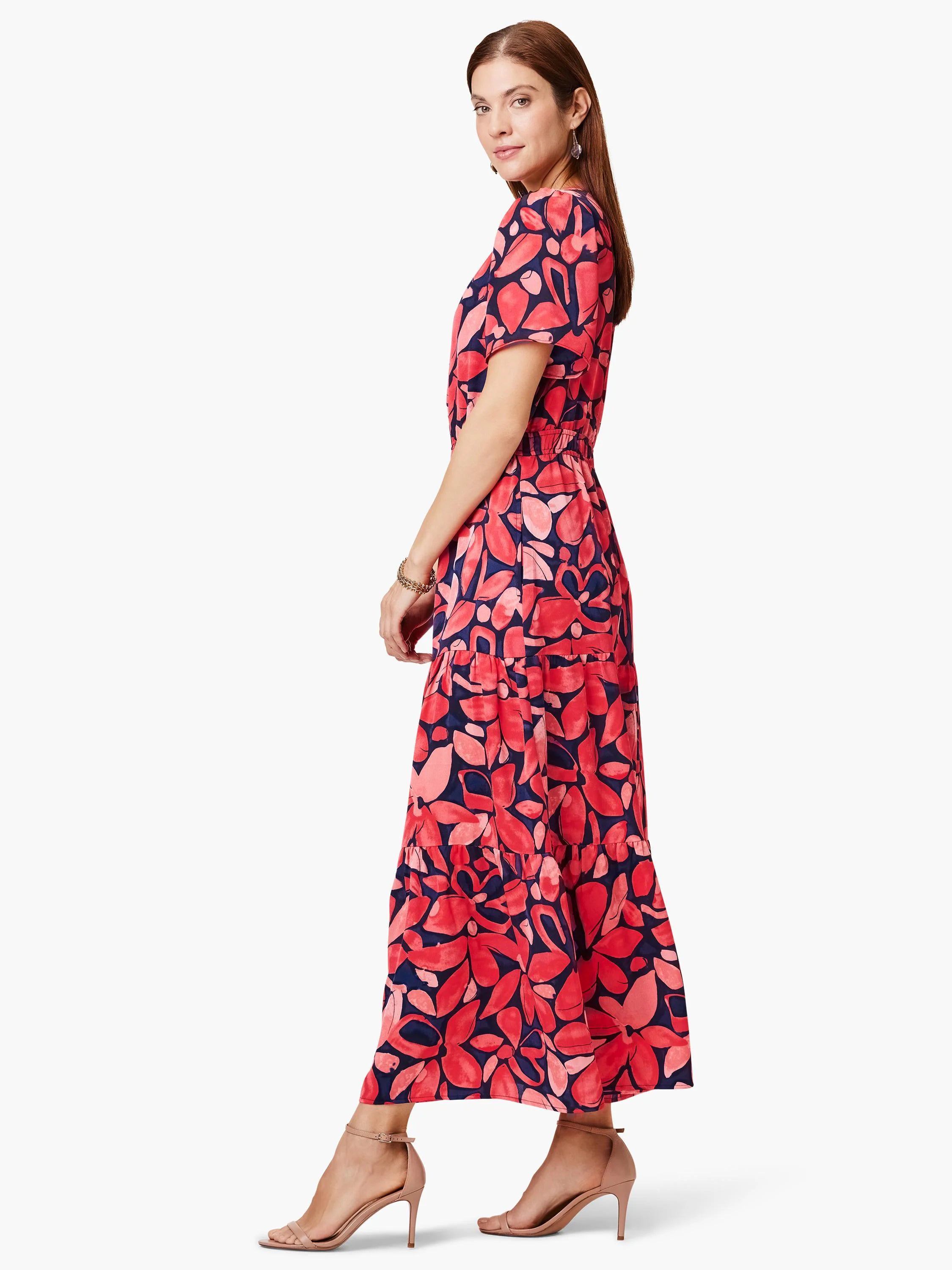 Red & navy floral maxi dress, tiered skirt, short sleeves.