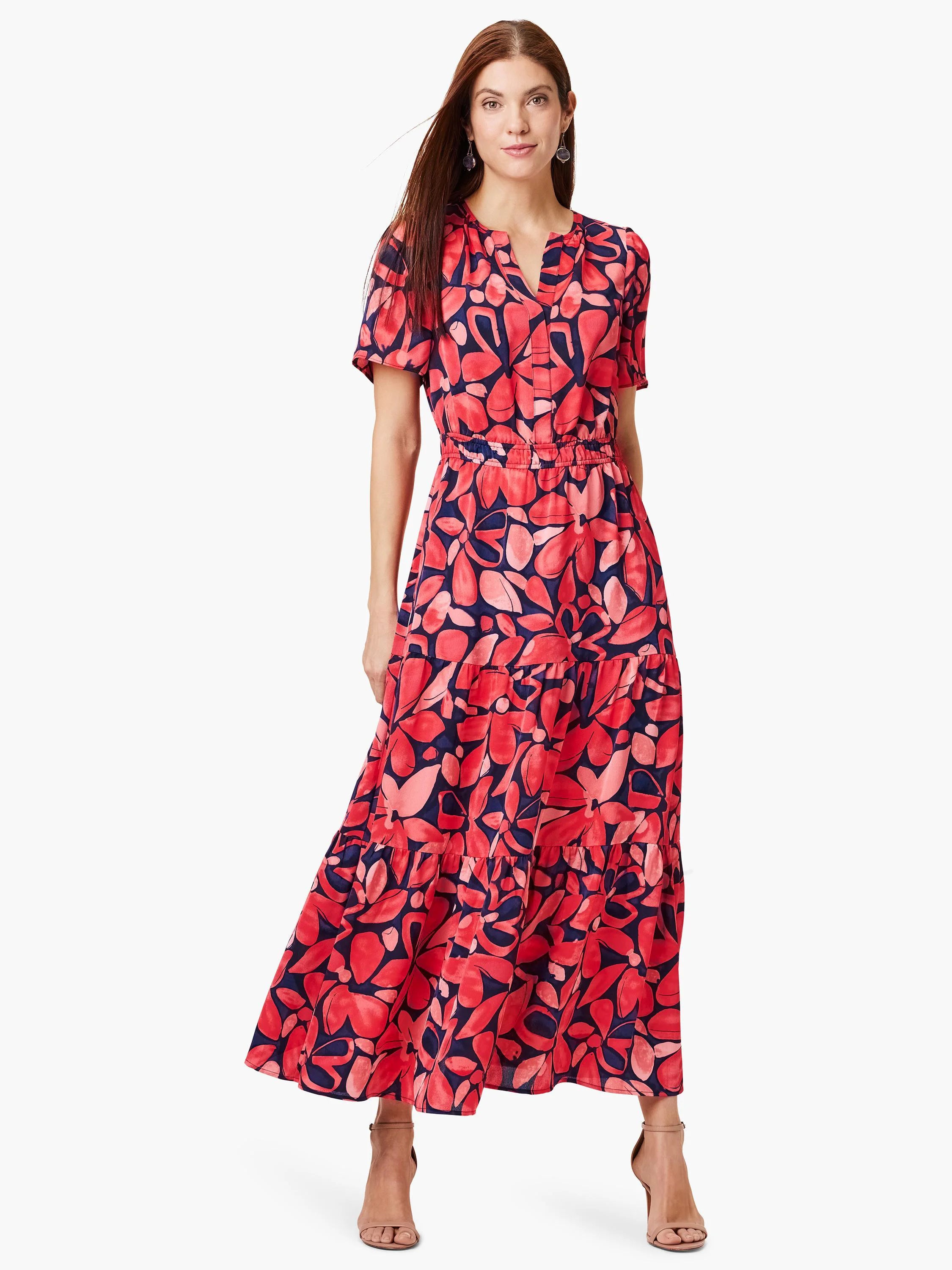 Red and navy blue floral maxi dress, short sleeves, tiered skirt.