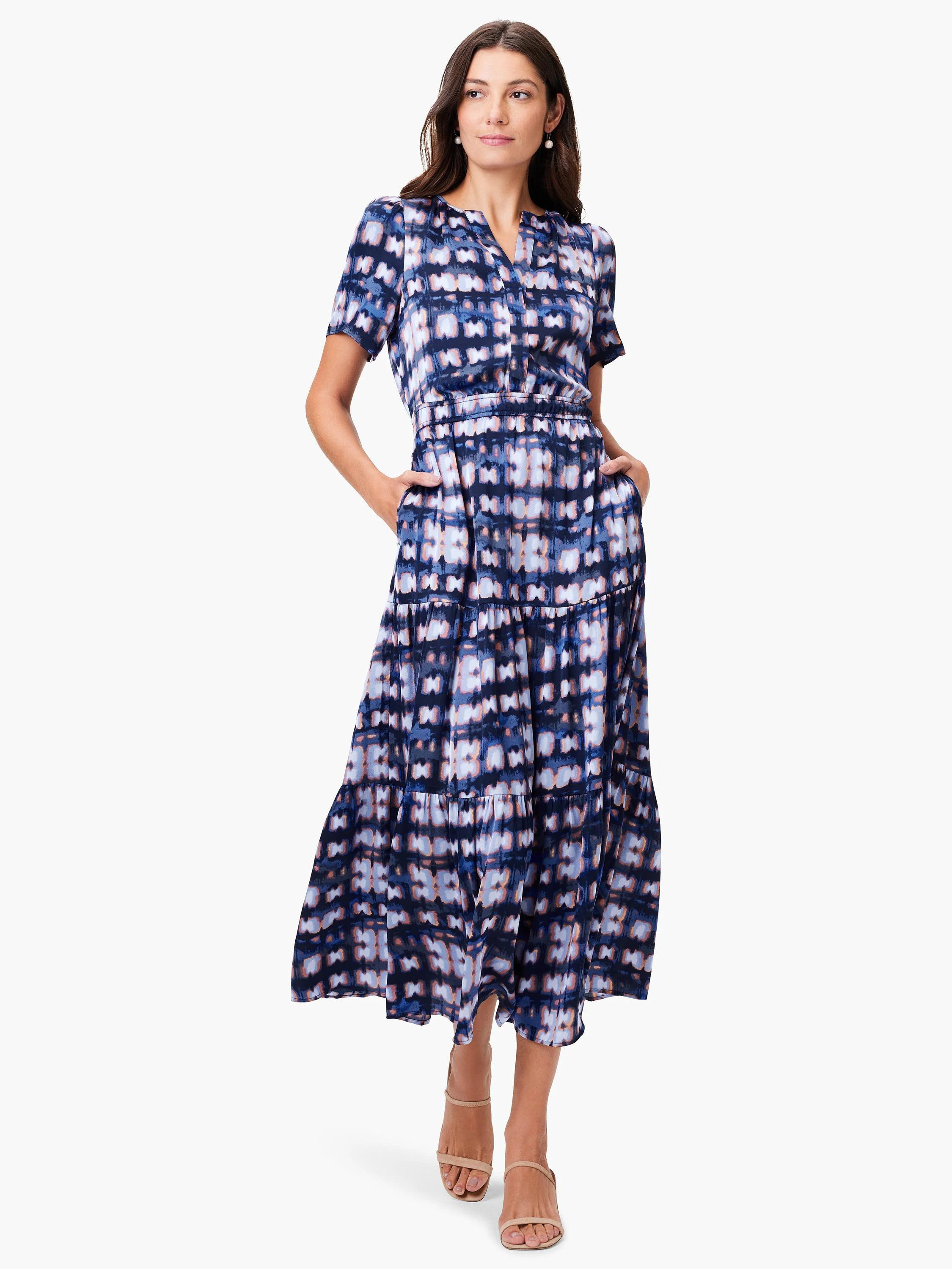 Midi dress, short sleeves, tiered skirt.  Navy, blue, and blush pink abstract print.  Pockets.
