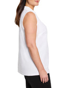White sleeveless collared tank top, side view on model.