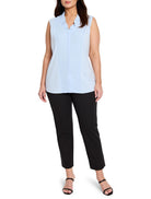 Light blue sleeveless tank with ruffled V-neckline and vertical front seams.