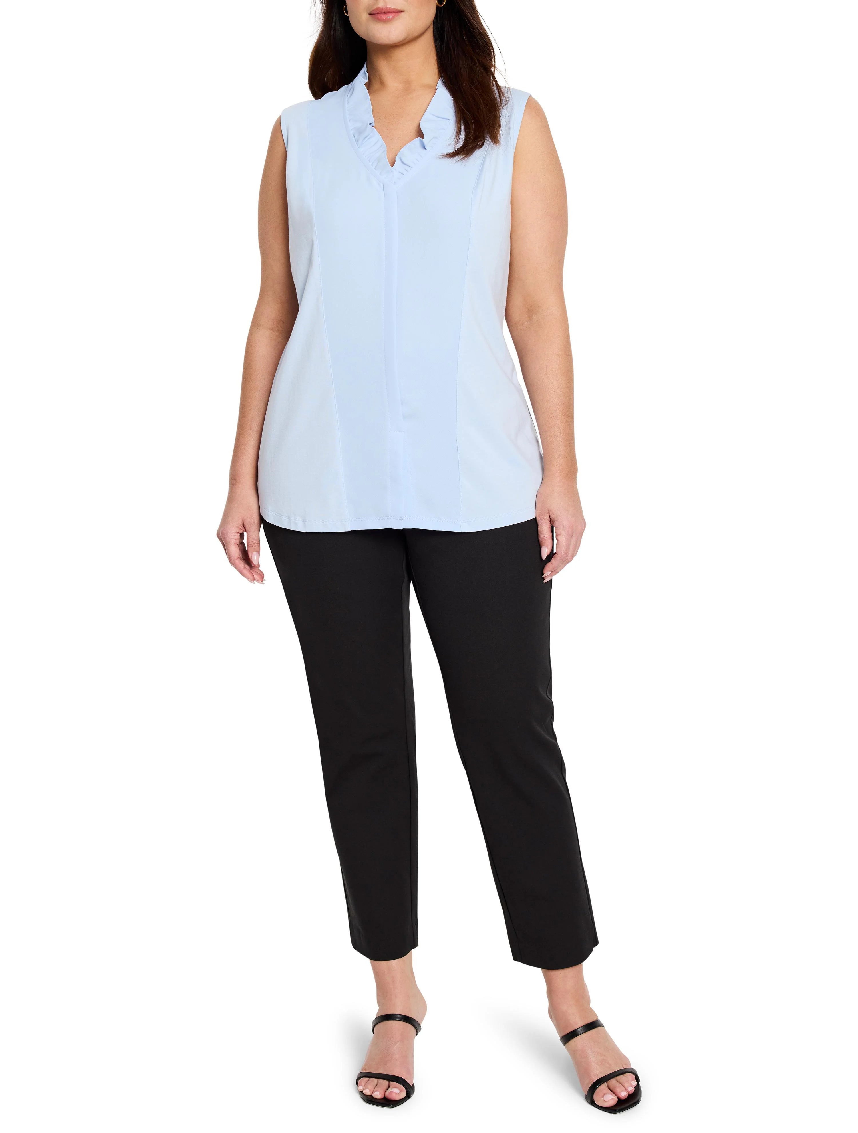 Light blue sleeveless tank with ruffled V-neckline and vertical front seams.
