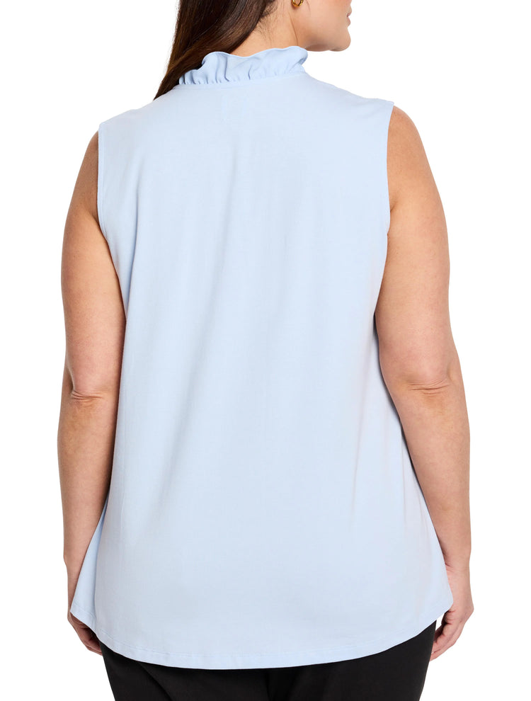 Light blue sleeveless tank with a ruffled high neck, shown from the back.