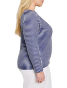 A long-sleeved knit top, navy blue & white, with a textured vertical zig-zag pattern.