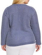 Navy blue and white long-sleeve knit top with a vertical zig-zag textured pattern on the back.
