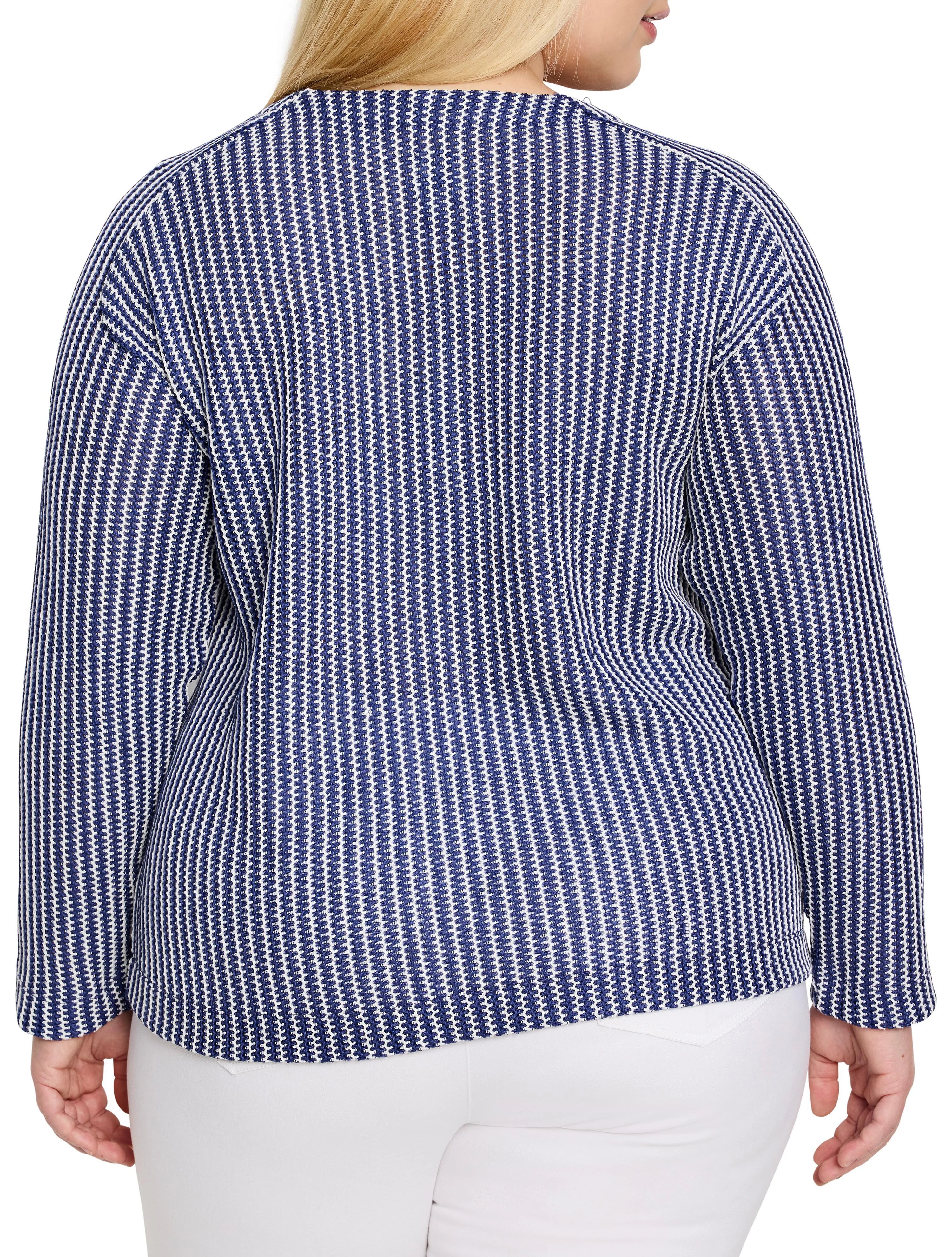 Navy blue and white long-sleeve knit top with a vertical zig-zag textured pattern on the back.