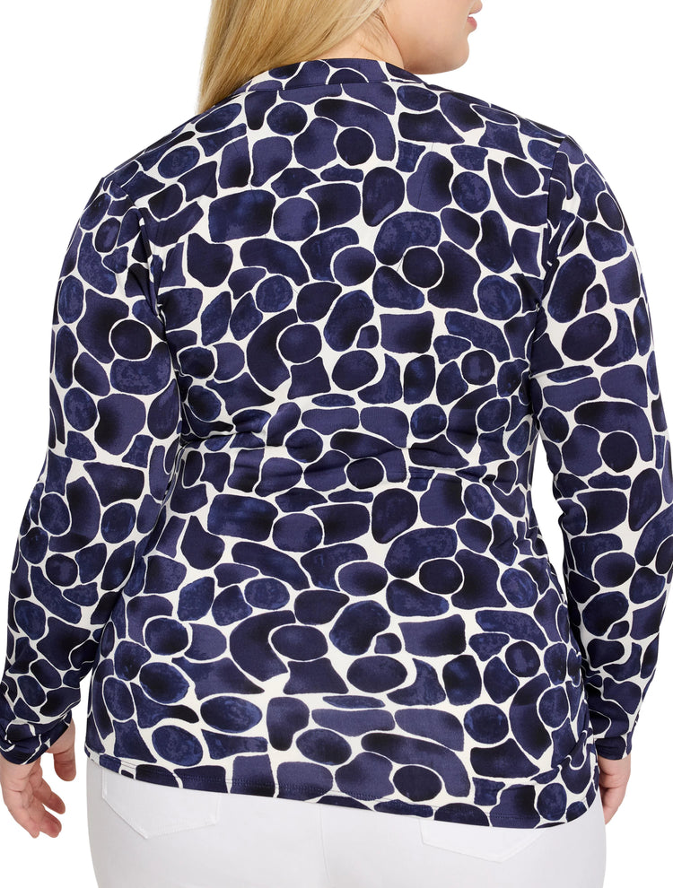 Dark blue and white geo pebble print long-sleeve knit top, shown from the back.